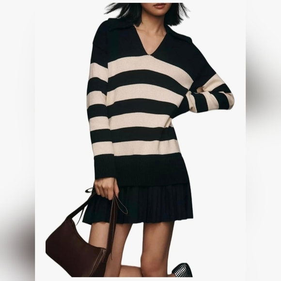 LifeShe Sweaters - Casual Striped Long Sleeve Polo V Neck Pleated Mini Dress #1120